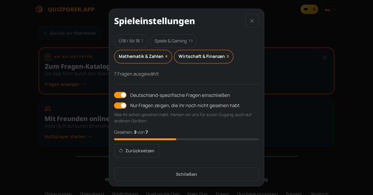 Quizpoker Spieleinstellungen mit eingeschaltetem Schalter „Nur ungesehene Fragen“ und Fortschritt „Gesehen: 3 von 7“