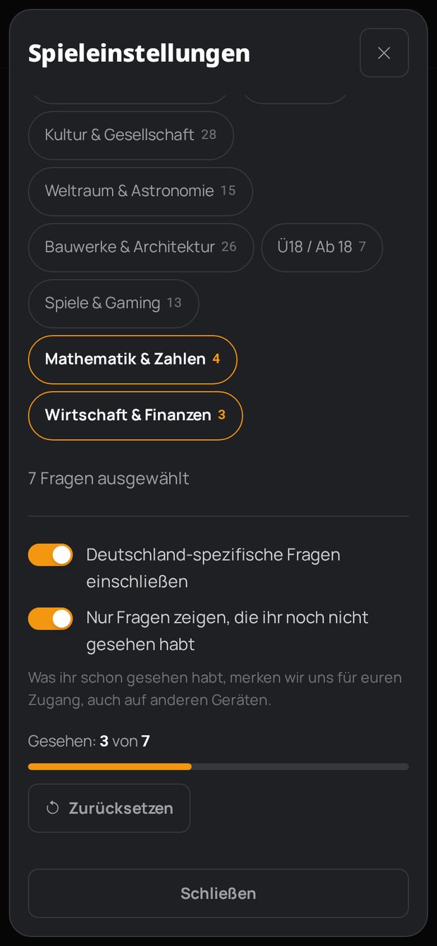 Quizpoker Einstellungen: Schalter „Nur Fragen zeigen, die ihr noch nicht gesehen habt“ mit Fortschritt „Gesehen: 3 von 7“