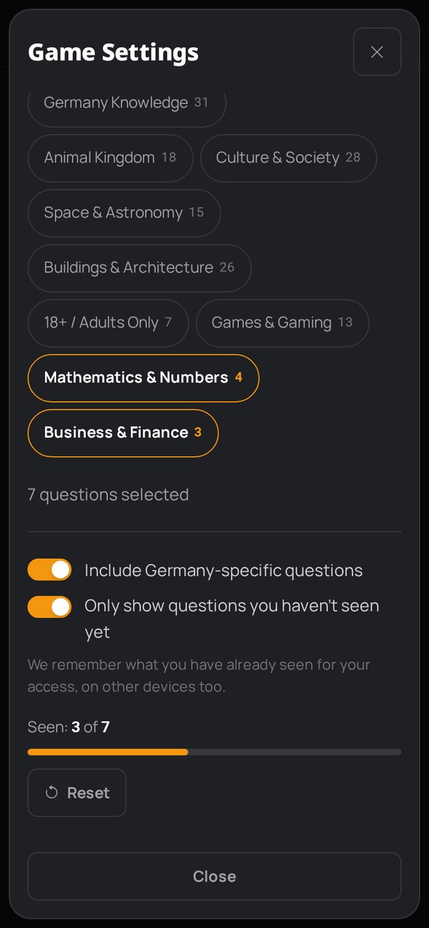 Quizpoker settings: “Only show questions you haven't seen yet” switched on with the progress “Seen: 3 of 7”