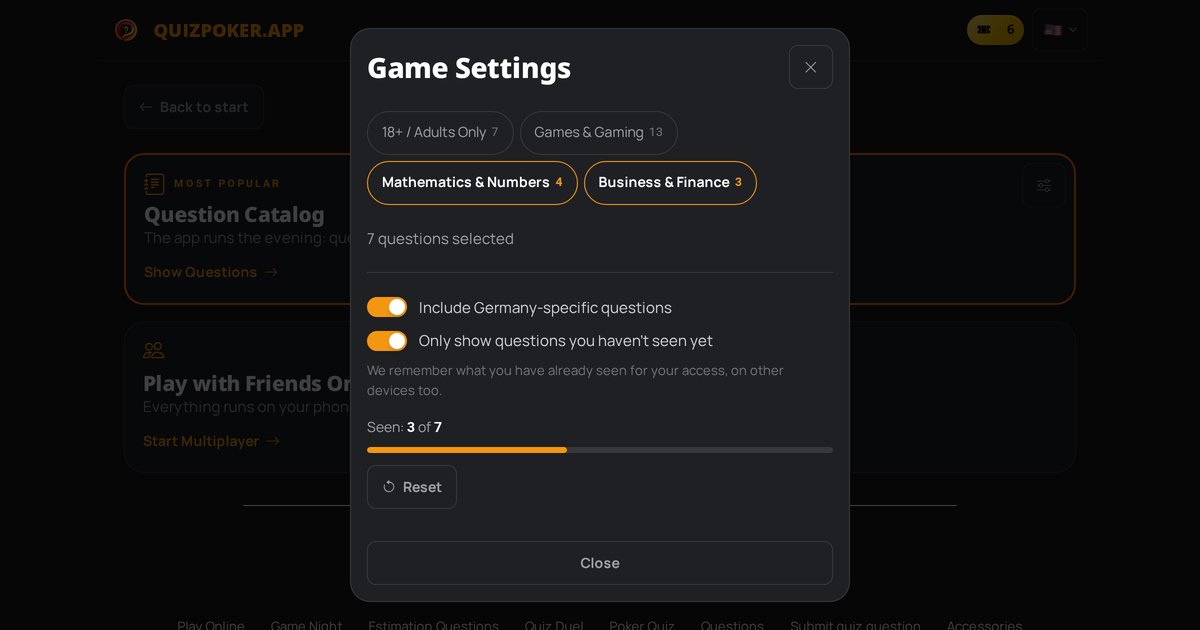 Quizpoker game settings with “Only unseen questions” switched on and the progress “Seen: 3 of 7”