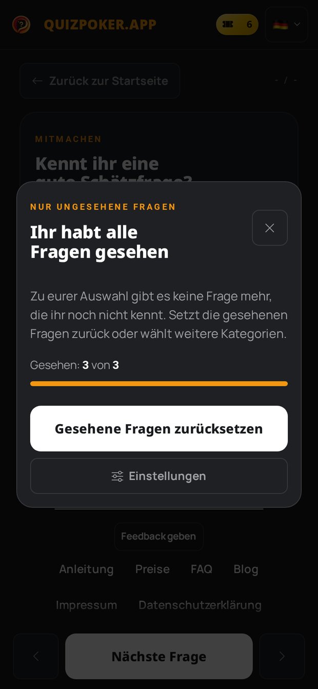 Quizpoker Hinweis „Ihr habt alle Fragen gesehen“ mit den Aktionen „Gesehene Fragen zurücksetzen“ und „Einstellungen“