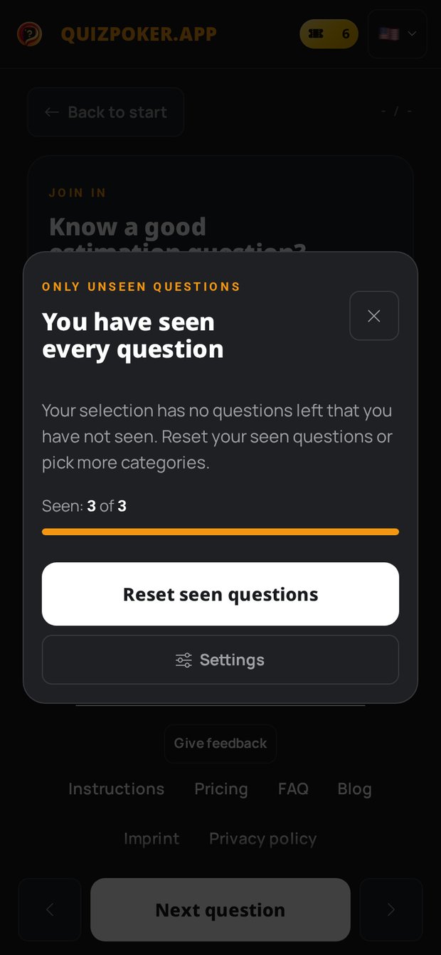 Quizpoker notice “You have seen every question” with the actions “Reset seen questions” and “Settings”