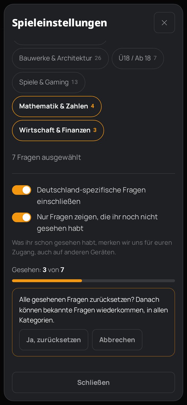 Quizpoker Einstellungen: Rückfrage „Alle gesehenen Fragen zurücksetzen?“ mit „Ja, zurücksetzen“ und „Abbrechen“