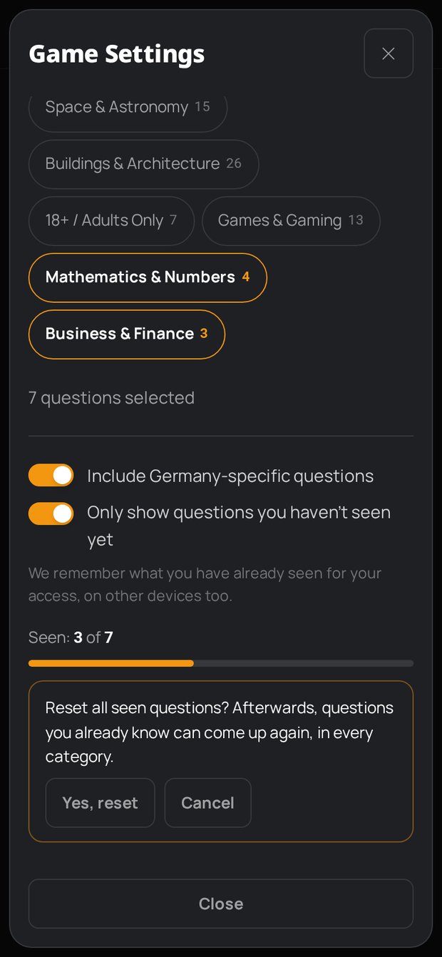 Quizpoker settings: confirmation “Reset all seen questions?” with “Yes, reset” and “Cancel”