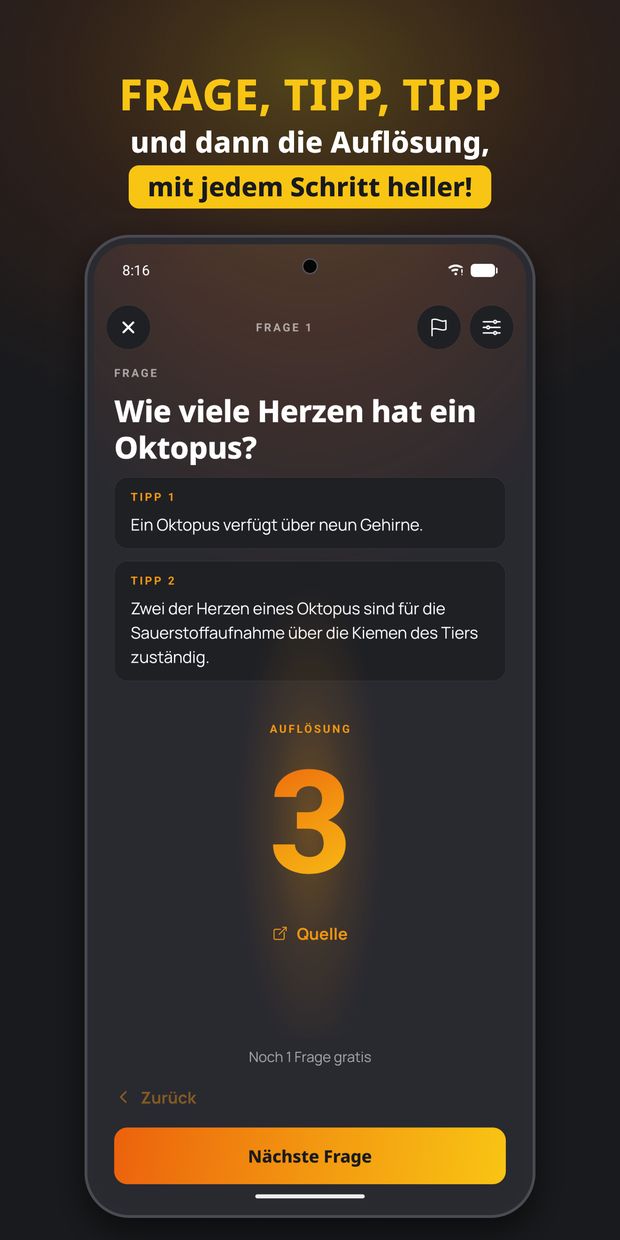 Quizpoker Android App: Schätzfrage mit zwei Tipps und aufgedeckter Auflösung