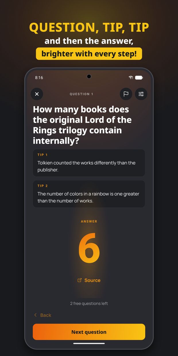Quizpoker Android app: estimation question with two hints and the revealed answer