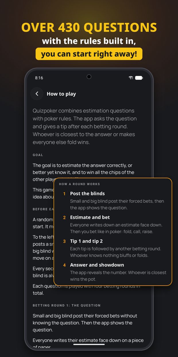 Quizpoker Android app: rules screen with the flow of a round