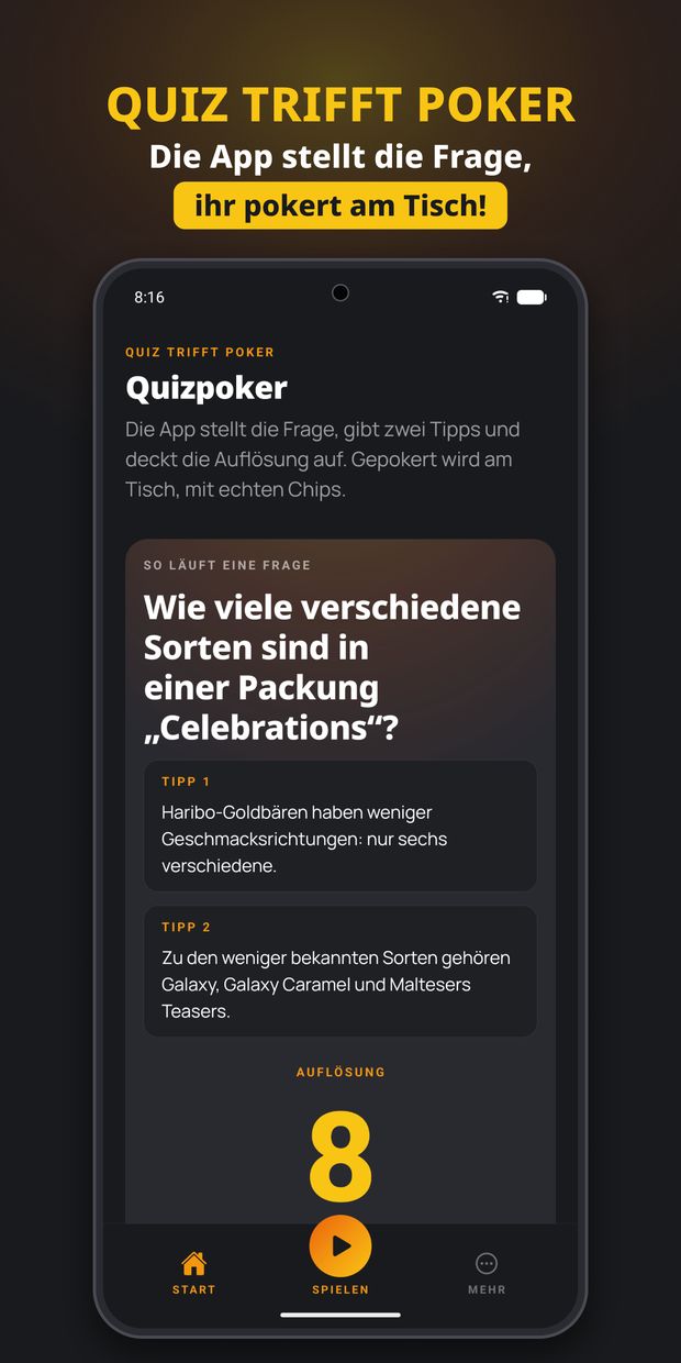 Quizpoker Android App: Startseite mit Beispielfrage, zwei Tipps und Auflösung