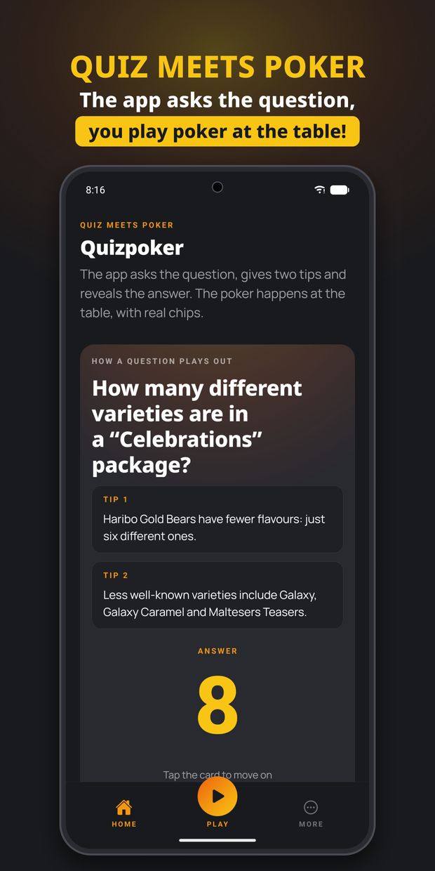 Quizpoker Android app: home screen with a sample question, two hints and the reveal