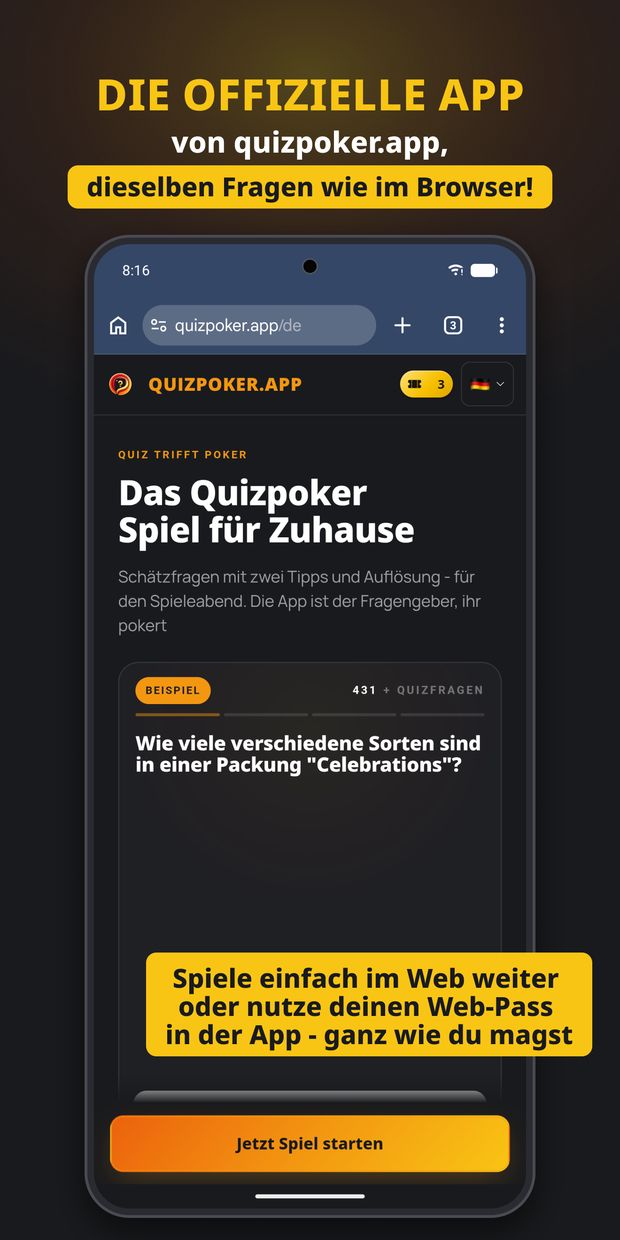 Quizpoker im Browser auf quizpoker.app mit denselben Fragen wie in der App