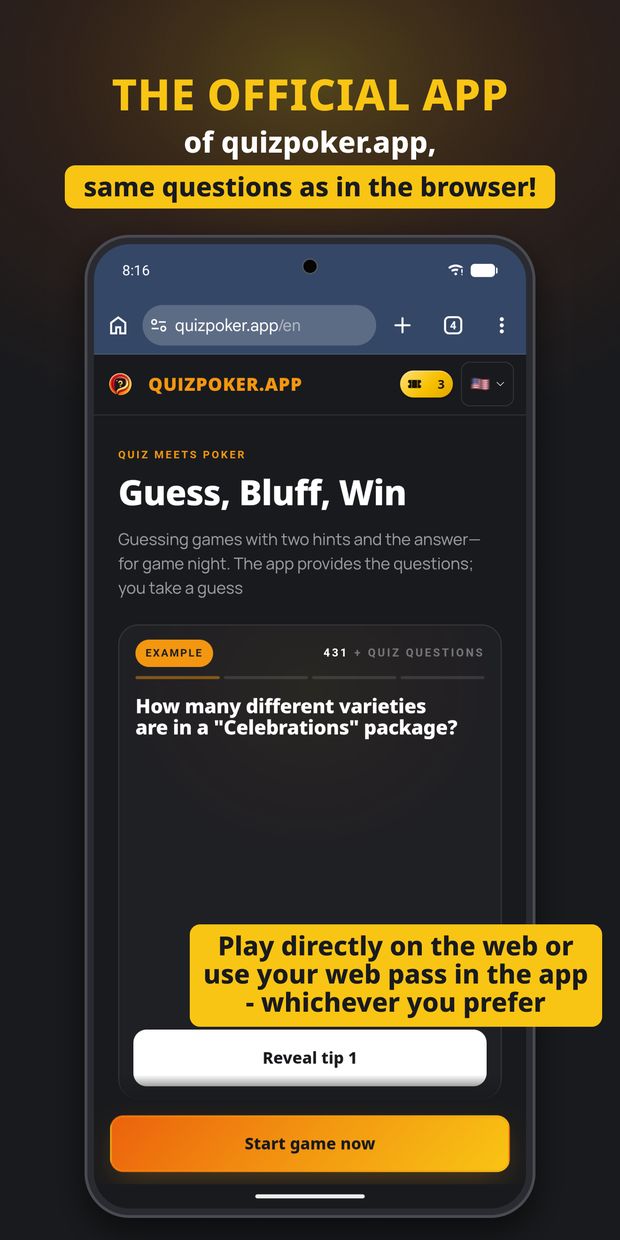 Quizpoker in the browser on quizpoker.app with the same questions as the app