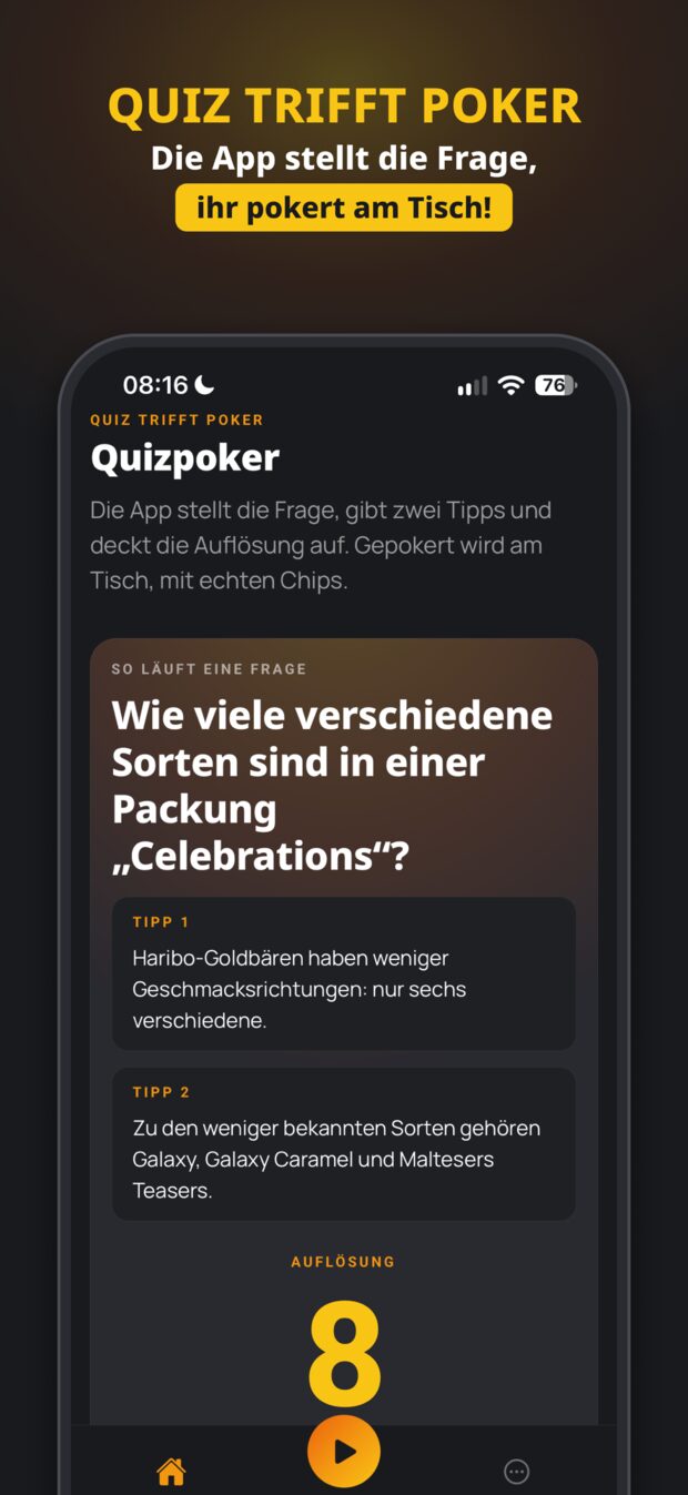 Quizpoker App: So läuft eine Frage – Frage, zwei Tipps und Auflösung
