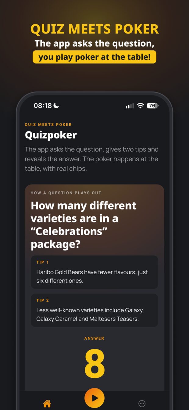 Quizpoker app: how a question works – question, two hints and the reveal