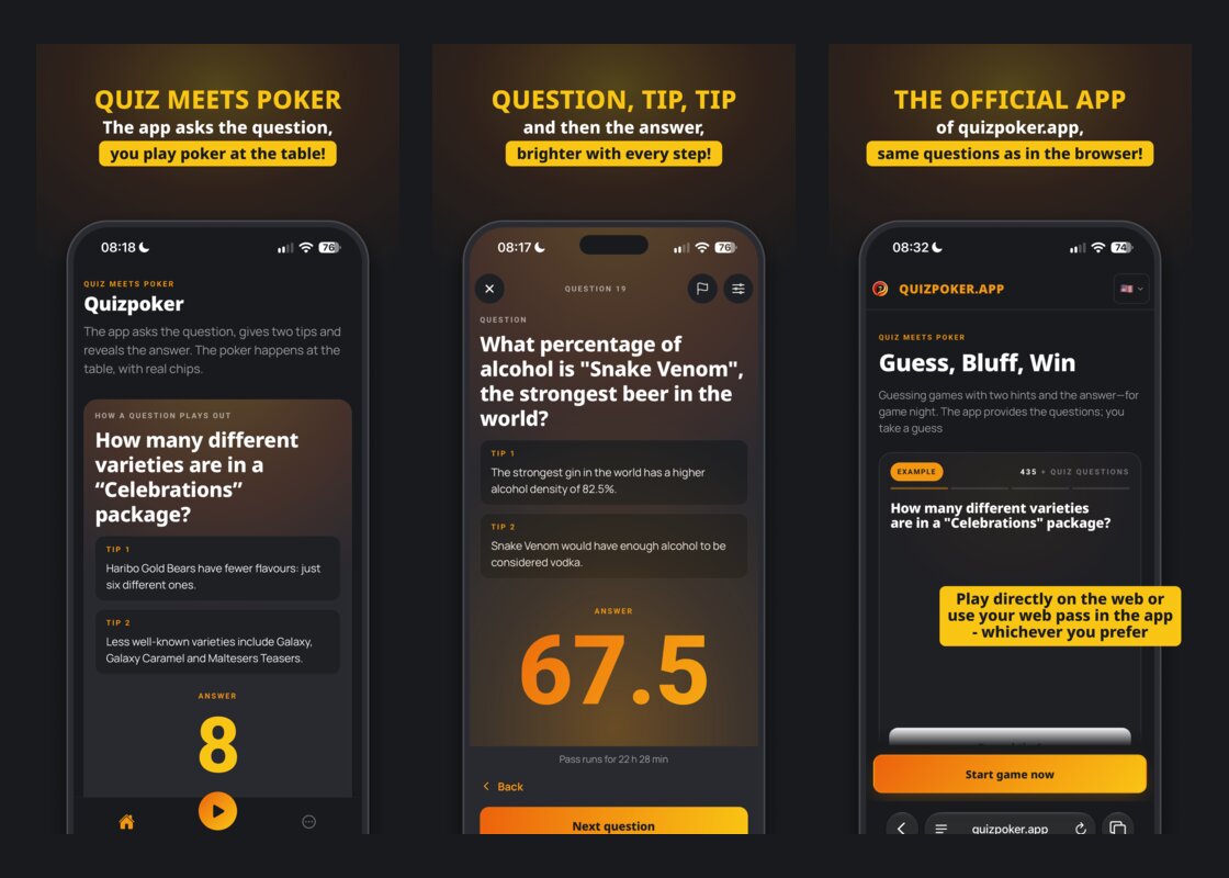 Quizpoker iOS app – question, hints and the reveal on iPhone