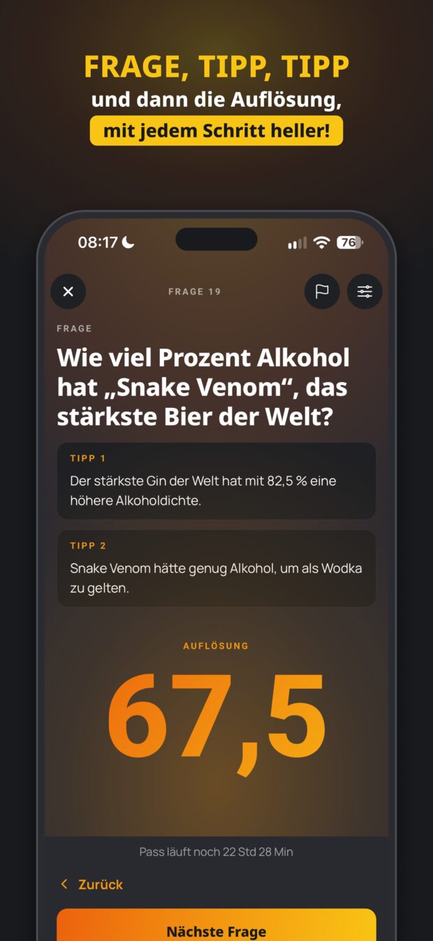 Quizpoker App: Schätzfrage mit zwei Tipps und aufgedeckter Auflösung
