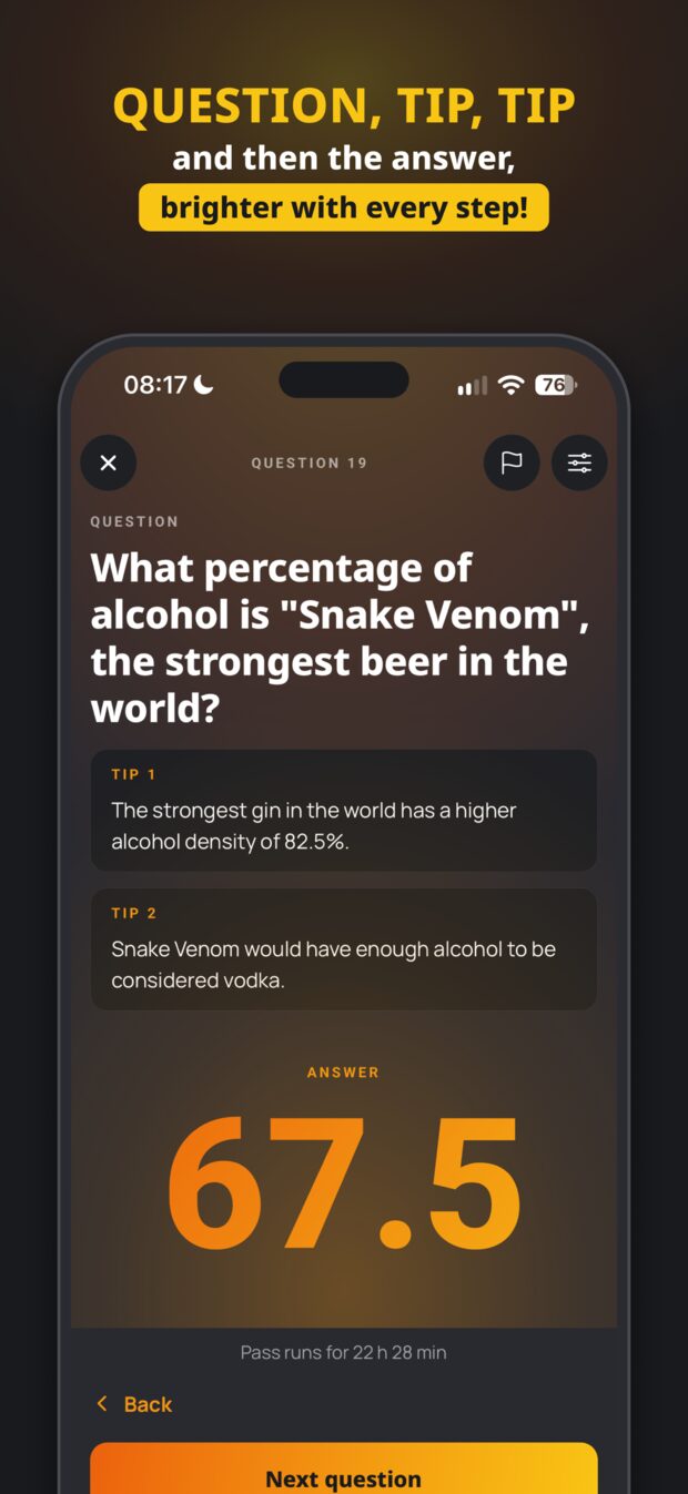 Quizpoker app: estimation question with two hints and the revealed answer