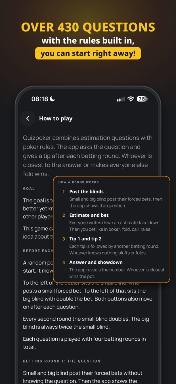 Quizpoker app: rules screen with the full flow of a round