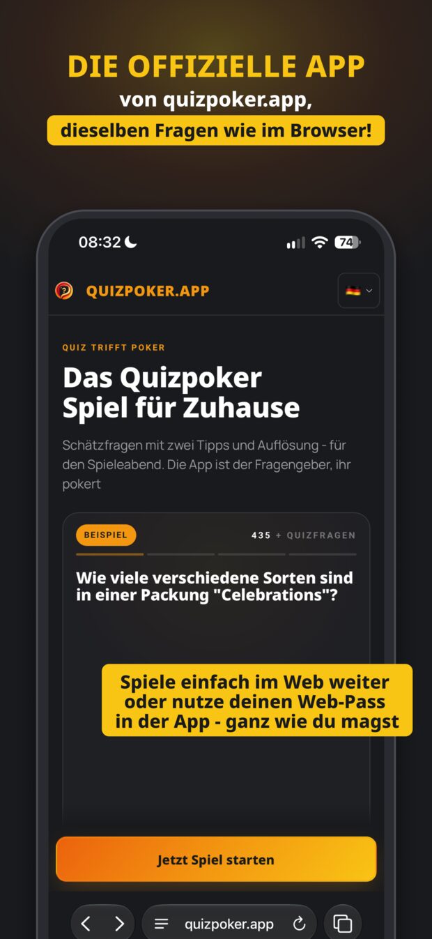 Quizpoker im Browser auf quizpoker.app – dieselben Fragen wie in der App