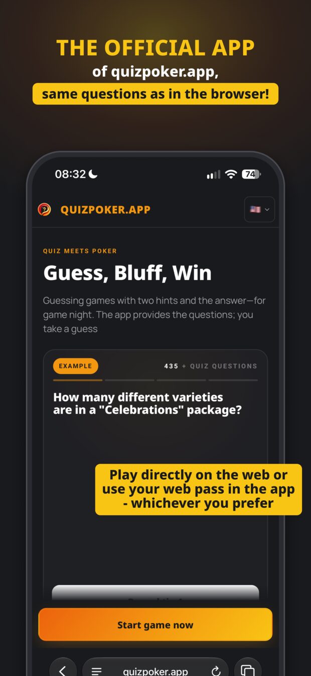 Quizpoker in the browser on quizpoker.app – the same questions as in the app