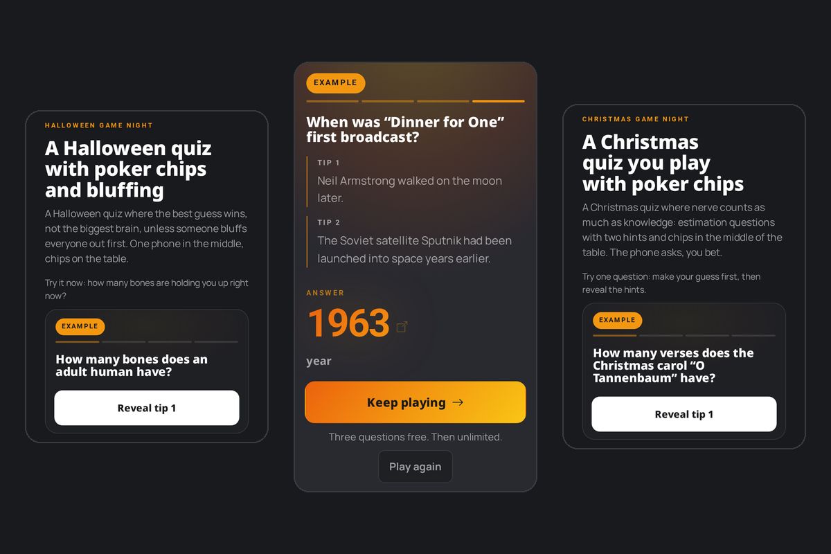 Three Quizpoker seasonal pages on a phone: Halloween quiz with a sample question, a revealed answer with “Keep playing”, Christmas quiz with a sample question