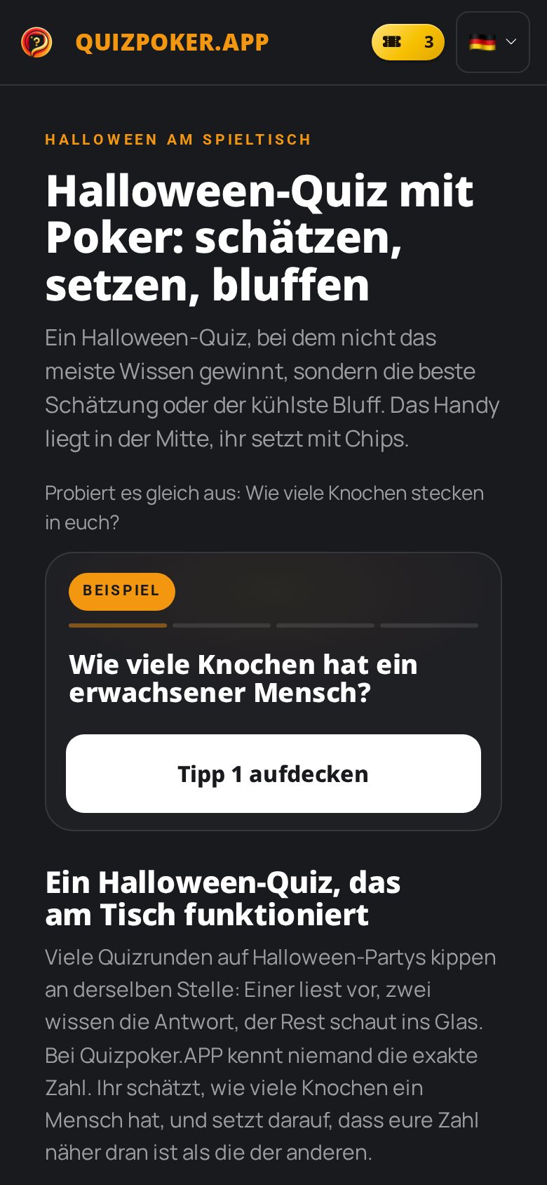 Seite Halloween-Quiz auf dem Handy: Überschrift „Halloween-Quiz mit Poker: schätzen, setzen, bluffen“ und die Beispielfrage „Wie viele Knochen hat ein erwachsener Mensch?“