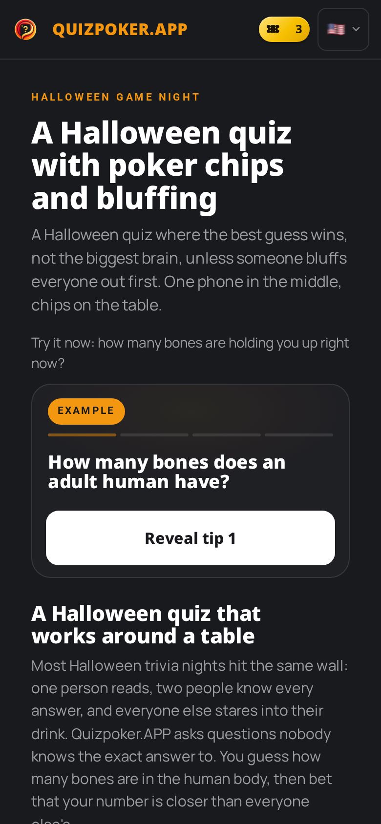 Halloween quiz page on a phone: headline “A Halloween quiz with poker chips and bluffing” and the sample question “How many bones does an adult human have?”