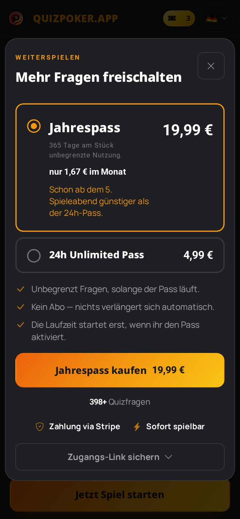 Quizpoker Shop auf dem Handy: Jahrespass vorausgewählt mit 19,99 € und „nur 1,67 € im Monat“, darunter der 24h-Pass mit 4,99 € und der Button „Jahrespass kaufen 19,99 €“