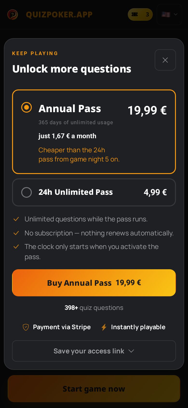 Quizpoker shop on a phone: Annual Pass preselected at 19,99 € and “just 1,67 € a month”, the 24h pass at 4,99 € below, and the button “Buy Annual Pass 19,99 €”