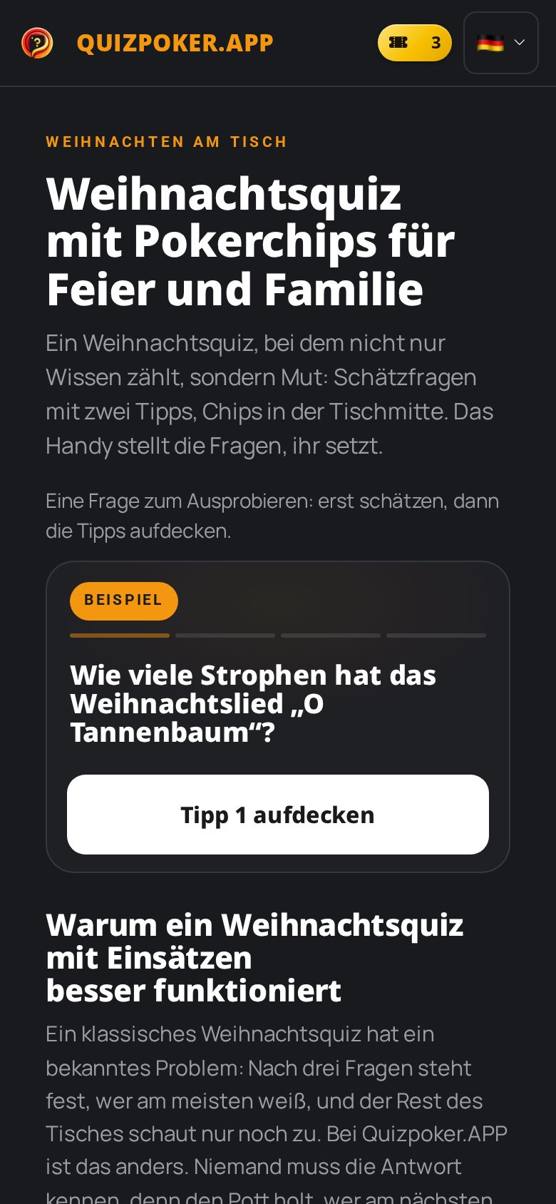 Seite Weihnachtsquiz auf dem Handy: Überschrift „Weihnachtsquiz mit Pokerchips für Feier und Familie“ und die Beispielfrage zu „O Tannenbaum“