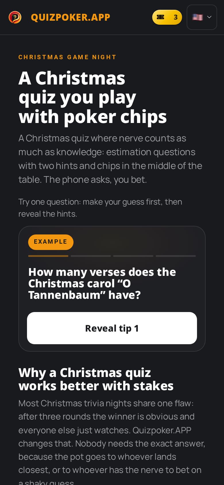 Christmas quiz page on a phone: headline “A Christmas quiz you play with poker chips” and the sample question about “O Tannenbaum”